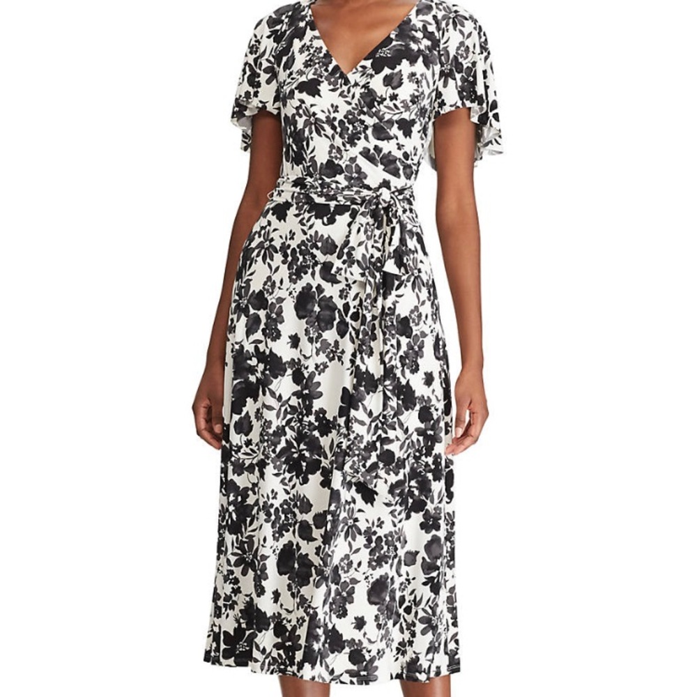 Lauren Ralph Lauren matte jersey faux wrap floral midi dress 14 NWT